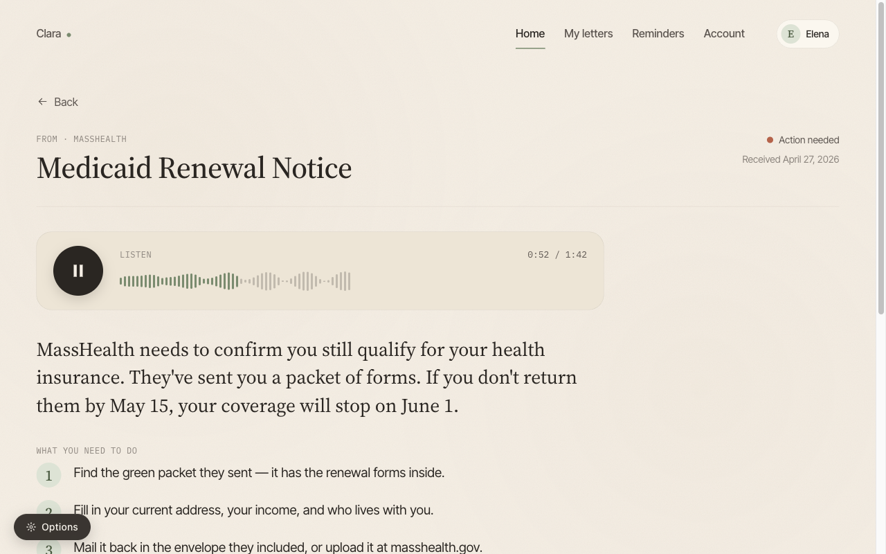 Clara letter view: a Medicaid Renewal Notice with an audio player, a plain-language summary, and a numbered list of steps