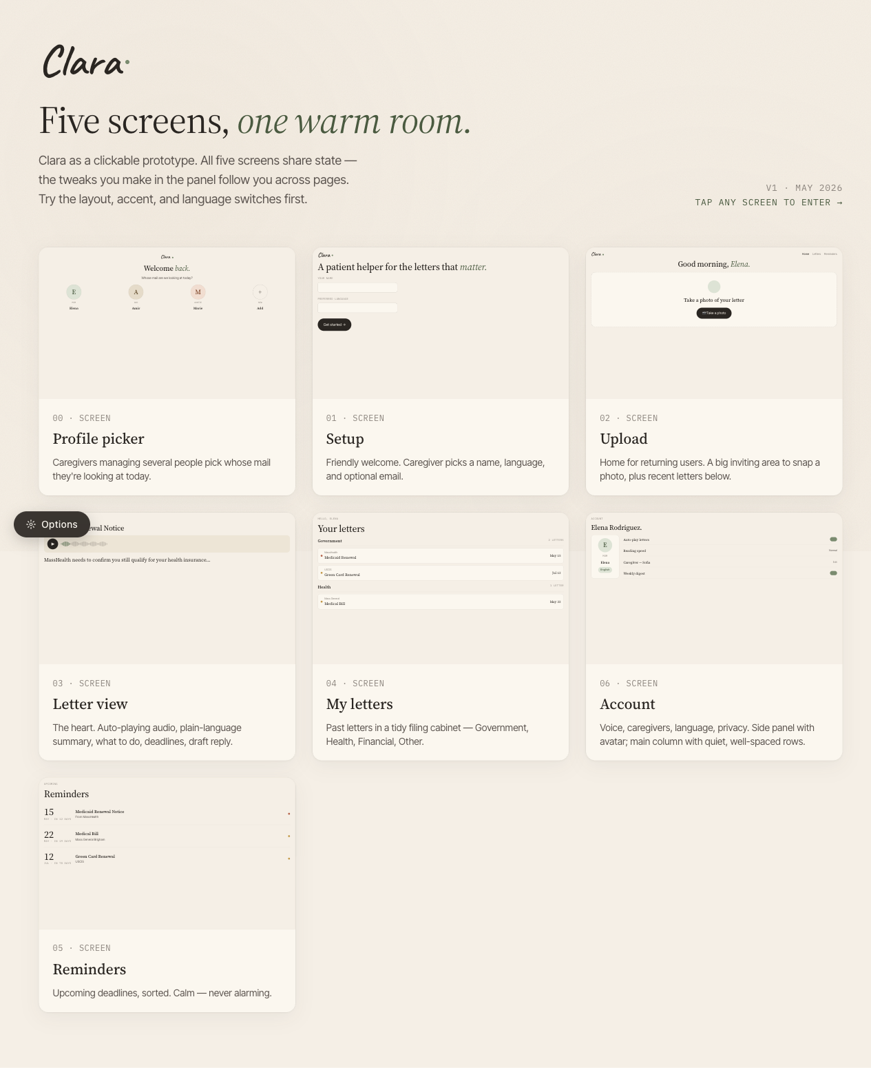 Clara screen overview: profile picker, setup, upload, letter view, my letters, account, and reminders